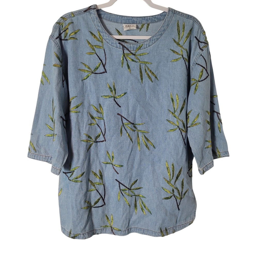 CMC Color Me Cotton Denim Top Womens Small Blue Embroidered Leaf 3/4 Sleeve USA